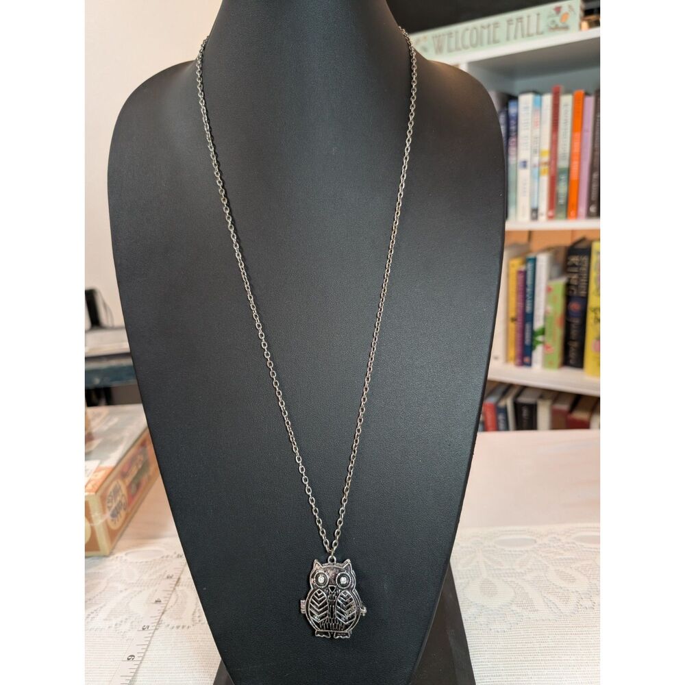 Vintage Silver Tone Hinged Owl Locket Necklace Long Statement Cable Chain